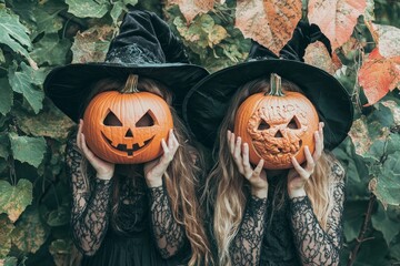 Two women wearing black hats and holding orange pumpkins