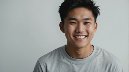 Wall Mural - teenage asian man on white background model close-up smiling with beautiful teeth for ad concept space for text