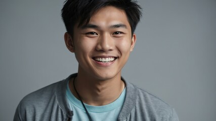 Wall Mural - teenage asian man on pastel gray background model close-up smiling with beautiful teeth for ad concept space for text