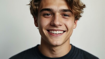 Wall Mural - teenage american man on white background model close-up smiling with beautiful teeth for ad concept space for text