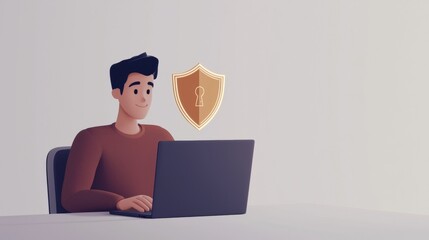 Poster - Young professional is using a laptop while a shield with a lock hovers above, symbolizing online security and data protection