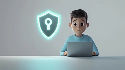 Poster - Young man is working on his laptop, with a glowing security shield and keyhole icon hovering beside him, representing online safety and data protection
