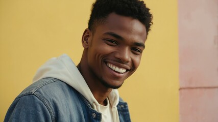 Wall Mural - teenage african man on pastel yellow background model close-up smiling with beautiful teeth for ad concept space for text