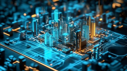 Canvas Print - A futuristic cityscape with glowing skyscrapers integrated into a digital circuit board, showcasing advanced technology and urban development.