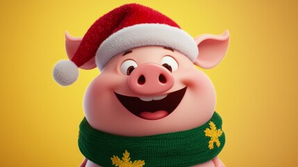 Cheerful cartoon pig is wearing a santa hat and green winter scarf, bringing holiday cheer with a big smile on its face