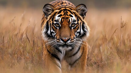  A tiger standing still in the tall grass, its sharp eyes focused intently on something unseen in the distance