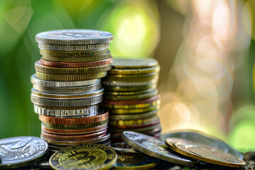 Poster - A stack of coins with a Bitcoin symbol on one of them