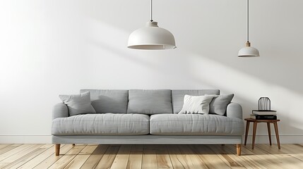 A contemporary living room with a sleek grey fabric sofa, a stylish wooden side table, and a clean white ceiling lamp, complemented by a polished wooden floor