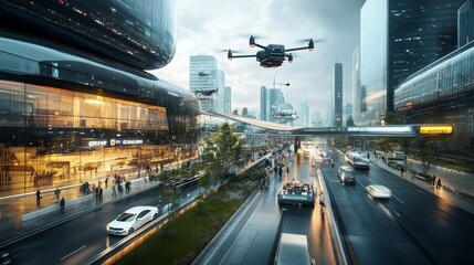 A futuristic cityscape featuring drones, modern architecture, and busy streets under overcast skies.