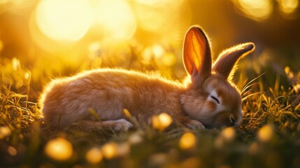 A fluffy rabbit naps in the warm glow of the evening sun.