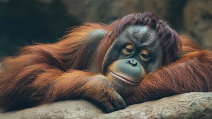 Tranquil Orangutan Scene: A Cute Monkey Heads in Nature Zoo