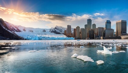 Melting glacier with a corporate city skyline in the background, visualizing climate change 