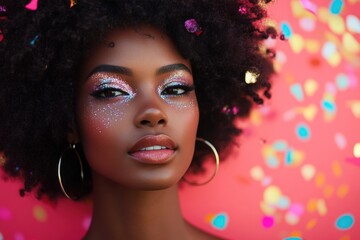 A young Black woman with glitter makeup and an afro hairstyle stands against a pink background with confetti.