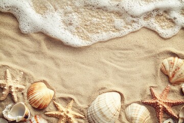 Seashell and Starfish on Sandy Beach. Tropical Summer Background