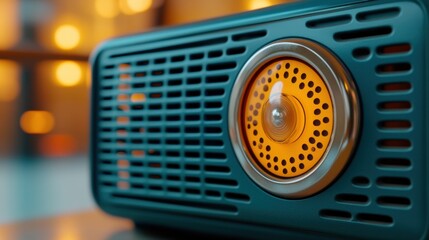 Poster - A close up of a blue speaker with orange lights on it, AI