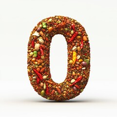 3D number 0 with spices texture realistic modern design, soft lighting, white background. 