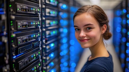 A female technician is adjusting server equipment in a modern server room