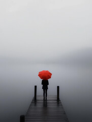 person with red umbrella, man standing on beach with umbrella