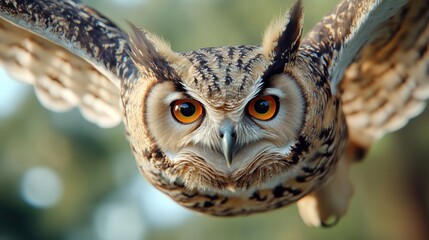 Poster - An owl with large yellow eyes flying in the sky, AI