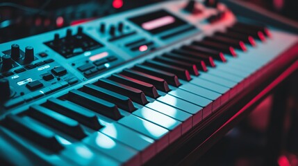 A midi keyboard with black and white keys lets you play music like an electronic piano. You can create and change music using modern recording equipment in a studio.