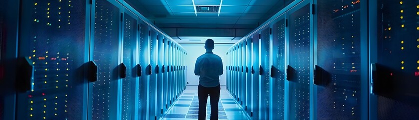 Poster - A silhouette of a person standing in a high-tech server room illuminated by blue lights, surrounded by data storage units.