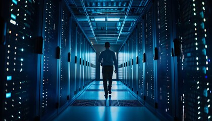 Poster - A silhouette of a person walking through a modern data center, illuminated by cool blue lights and rows of server technology.