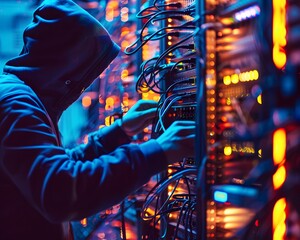 Poster - A technician in a hoodie working on server hardware in a data center, illuminated by colorful LED lights.