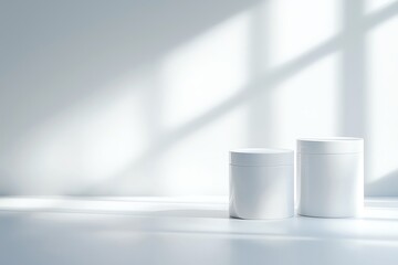 Poster - Minimalistic scene featuring two white containers casting soft shadows in a serene, light-filled environment.
