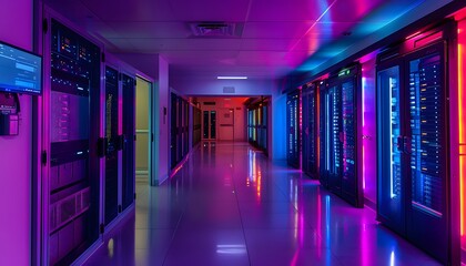 Poster - A vibrant data center featuring illuminated server racks in pink and blue light, showcasing modern technology and infrastructure.