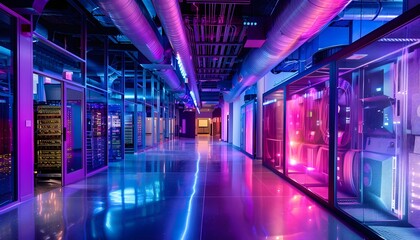 Poster - A vibrant server room illuminated with neon lights, showcasing an advanced data center environment with sleek technology.