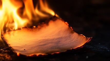 A piece of paper is burning, with its edges glowing bright against a dark backdrop.