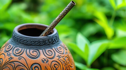 Canvas Print - Decorative calabash gourd with a metal bombilla against green leaves background - Artisanal yerba mate cup, AI