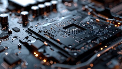 Poster - Close-up of a sophisticated circuit board showcasing intricate details and connections for electronic devices.