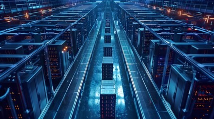 Poster - Futuristic data center showcasing rows of servers with blue lighting, emphasizing technology and innovation in digital storage.