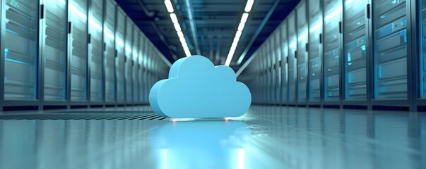 Poster - Futuristic data center with glowing servers and a prominent cloud symbol representing cloud computing technology.