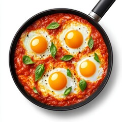 Savory shakshuka in a frying pan, top view, isolated on white