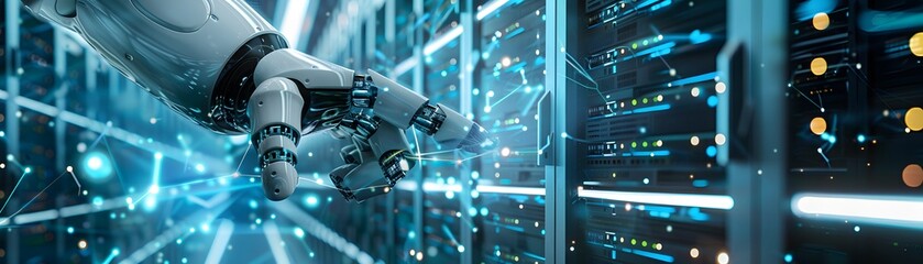 Poster - futuristic robotic hand interacting with digital data in a high-tech server environment, symbolizing