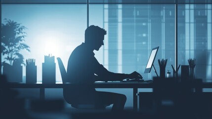 Poster - Silhouette of a Man Working at His Desk