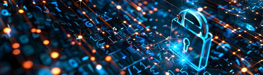 Poster - A digital lock symbolizing cybersecurity amidst a backdrop of binary codes and glowing data streams.