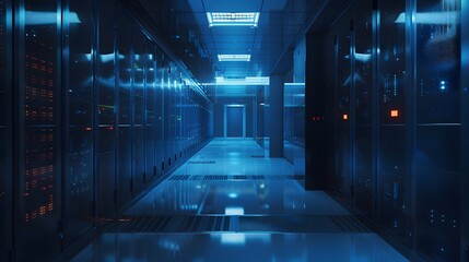 Poster - A futuristic data center hallway illuminated by blue lights, showcasing rows of server racks and a sleek, high-tech design.