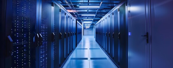 Poster - A modern data center hallway illuminated with blue lights, showcasing rows of server racks and advanced technology.