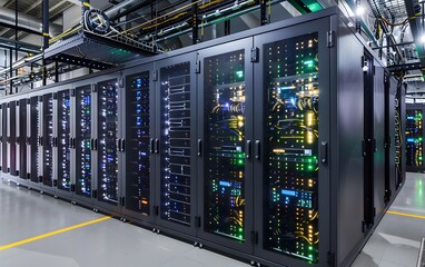 Poster - A modern data center featuring sleek server racks illuminated by colorful LED lights and a high-tech environment.