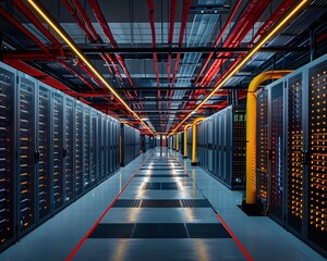 Poster - A modern data center showcasing rows of servers with vibrant cable management and efficient lighting for optimal performance.