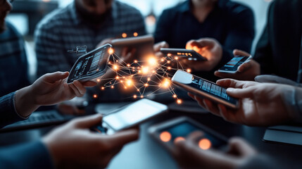 Group of people using smartphones with virtual connections and data exchange concept visualized as glowing nodes and lines floating between the devices likely symbolizing technology or networking.