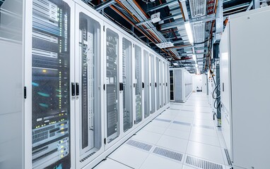 Poster - A modern data center featuring rows of server racks, advanced technology, and organized cable management for optimal performance.