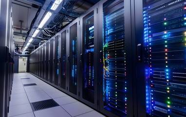 Poster - A modern data center showcasing rows of servers with vibrant LED lights, representing cutting-edge technology and infrastructure.