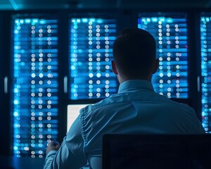 Poster - A professional sits in front of a server rack, managing data and technology in a high-tech workspace filled with glowing screens.