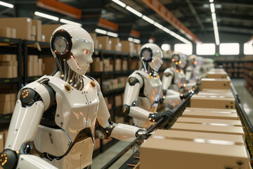 Poster - A group of robots are working in a warehouse, with one of them holding a box