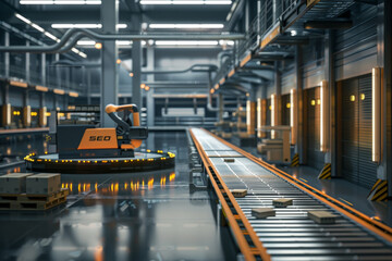 Poster - A conveyor belt with a robot on it
