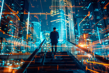 Poster - A man stands on a staircase in a city at night